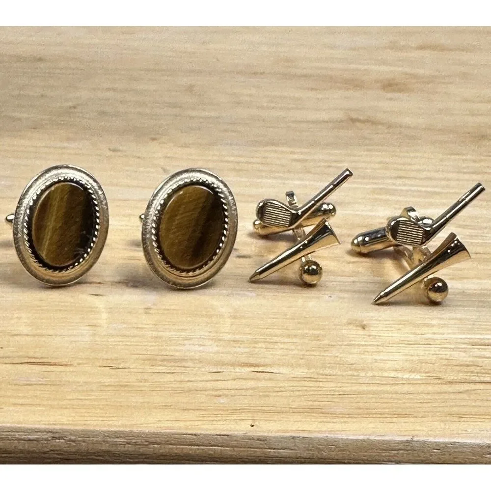 VTG Anson Pat Pend Golf Club Tee Ball Tigers Eye Stone Cufflinks‎ Gold Plated